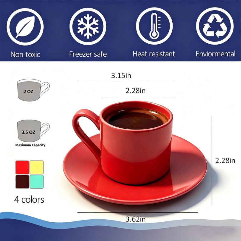 Ensemble de 4 tasses et soucoupes à expresso en céramique, 100 ml (3,5 oz)., Rouge
