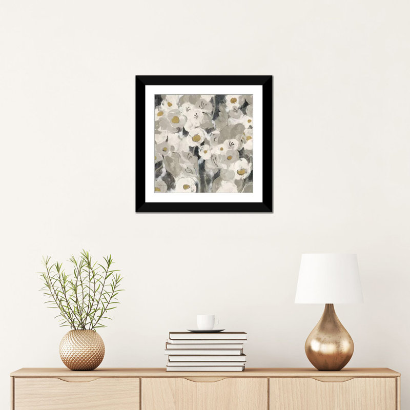 Velvety fleurs neutral iii, reproduction d’art sur toile tendue, H 16 po x l 16 po x P 1 po, Papier d'art encadré noir, Blanc