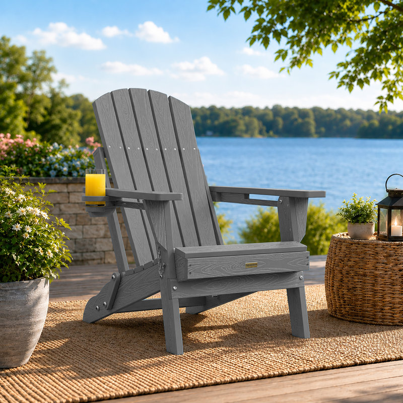 Weather-Resistant Adirondack Chairs with Cup Holder: Outdoor Plastic HDPE Folding Adirondack Chairs for Fire Pit/Deck/Porch/Garden/Lawn/Backyard (Gray)