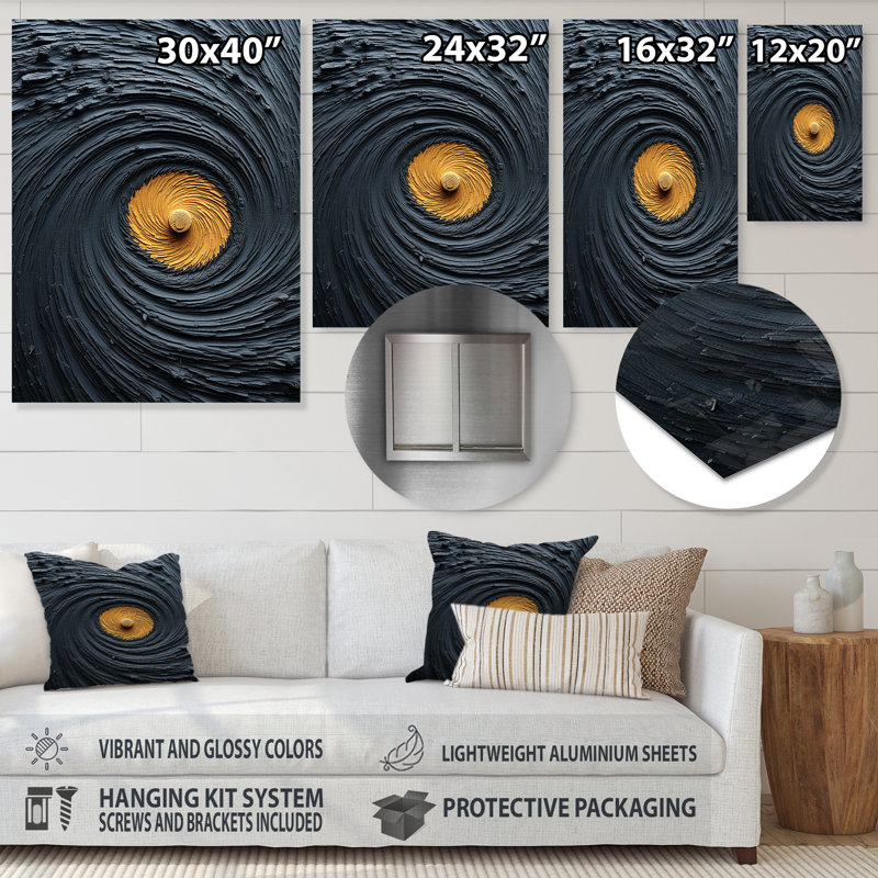 Pierre moderne spirale grise et jaune I - art mural abstrait en spirale en métal, H 32 po x l 16 po x P 1 po