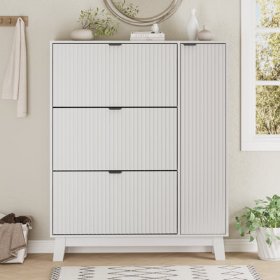Fluted Shoe Cabinet with 3 Flip Drawers and Side Cabinet, Narrow Freestanding Storage for Front Door Entrance