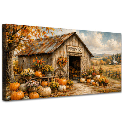Automne, art mural sur toile, automne, ferme rustique, citrouille, grange, peinture, œuvre d'art pour chambre à coucher, salon, décoration intérieure (30 po x 60 po)