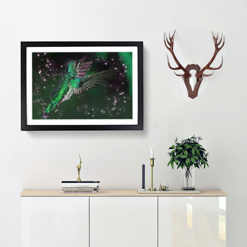 Green-Crowned Hummingbird in Abstract - Picture Frame Painting Print, 27cm H x 36cm W x 2cm D, Black Framed