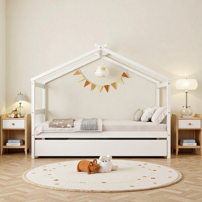 Twin Size White Wooden House Bed with Trundle - Inspiring Childhood Dreams for Ages 6+