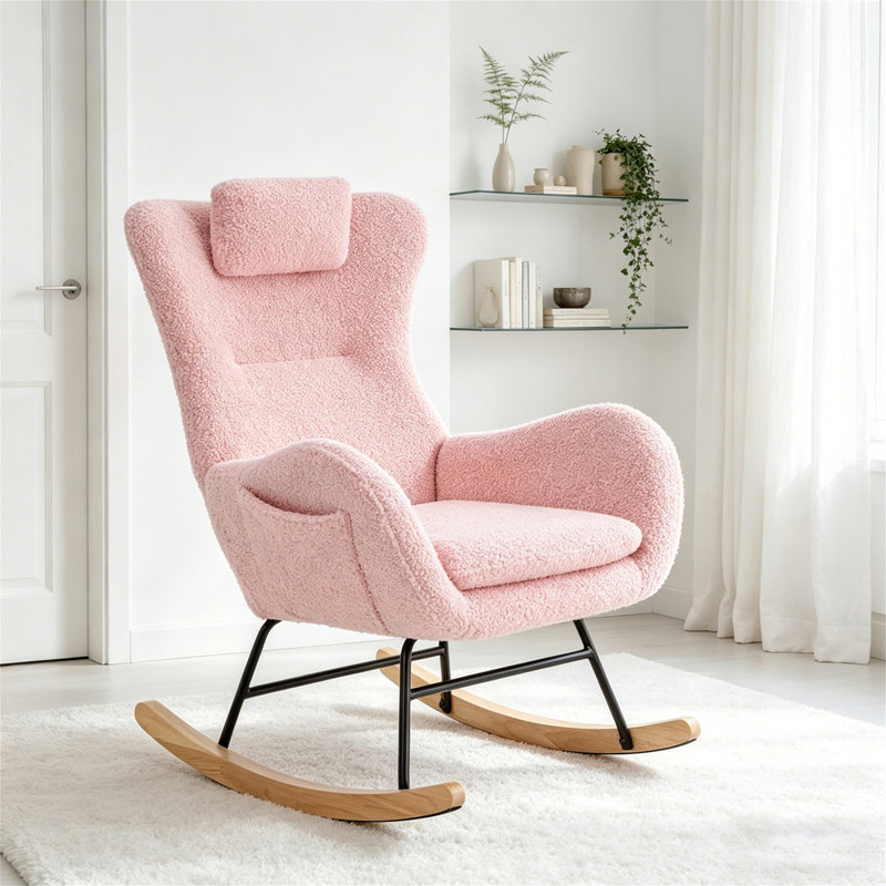 Chaise berçante, fauteuil oscillant rembourré Teddy avec dossier haut, appui-tête et poche réglables, fauteuil coulissant confortable pour chambre de bébé, chambre à coucher, salon, bureau, bois d'hévéa