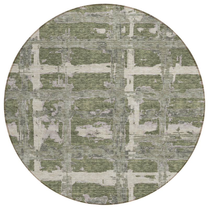 Tapis extérieur lavable rayé rond vert olive et beige 8 pi 8 po