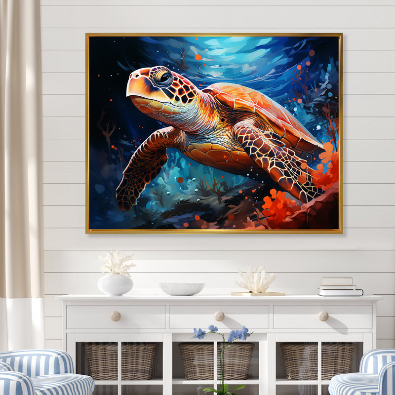 «Contemporary Marine Life V», reproduction sur toile, Cadre flottant doré, H 16 po x l 32 po x P 1 po