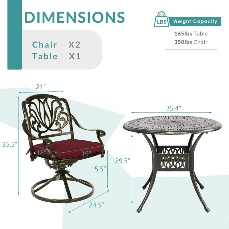 Ensemble bistro rond avec coussins 35,4 po, Rouge piment, Bronze foncé
