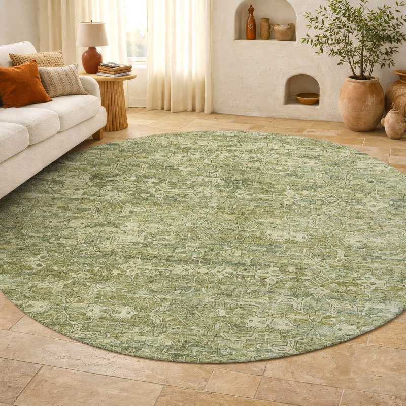 Premium Machine Washable Mayfield AMF2324 Ikat Rug, Sage, 8' Round