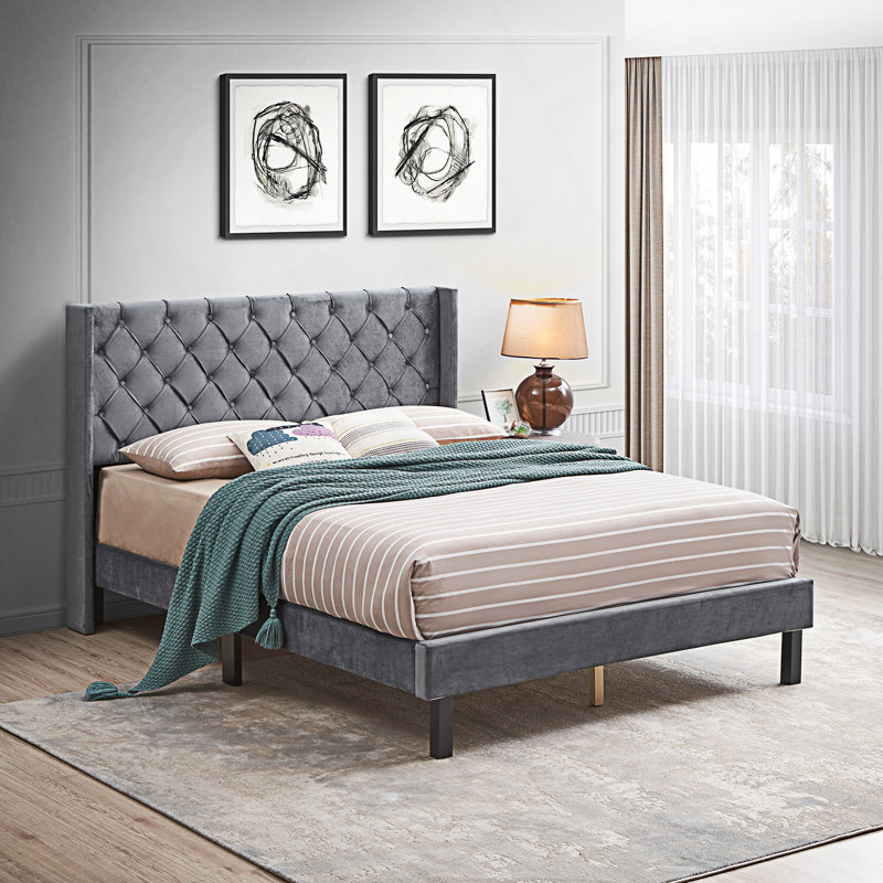 Contemporary Button Tufted-Upholstered Bed With Wings Design