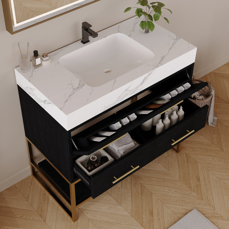 Meuble-lavabo de 36 po en pierre artificielle avec lavabo en céramique, meuble-lavabo moderne avec tiroirs à fermeture en douceur et tablettes ouvertes, meuble-lavabo autoportant avec pieds en acier inoxydable et grand espace S - Bois massif - 1 pièce - Meuble-lavabo - blanc