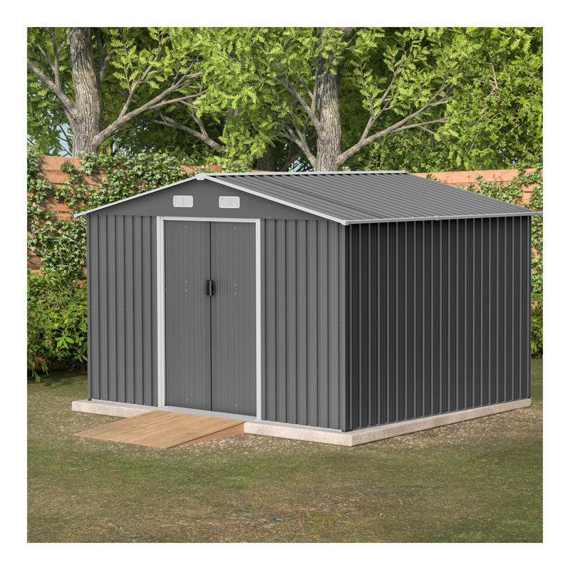 10X8 FT Outdoor Storage Shed,  Metal Foundation & Lockable Doors, Tool Shed For Garden, Patio, Backyard, Lawn, Grey