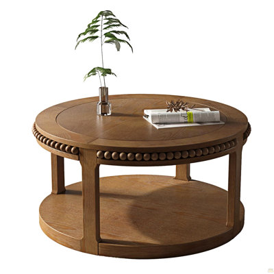 Table basse et canapé 31,5 pouces en bois massif rond - plateau épaissi à deux niveaux, pieds robustes, table circulaire pour le salon (noyer)