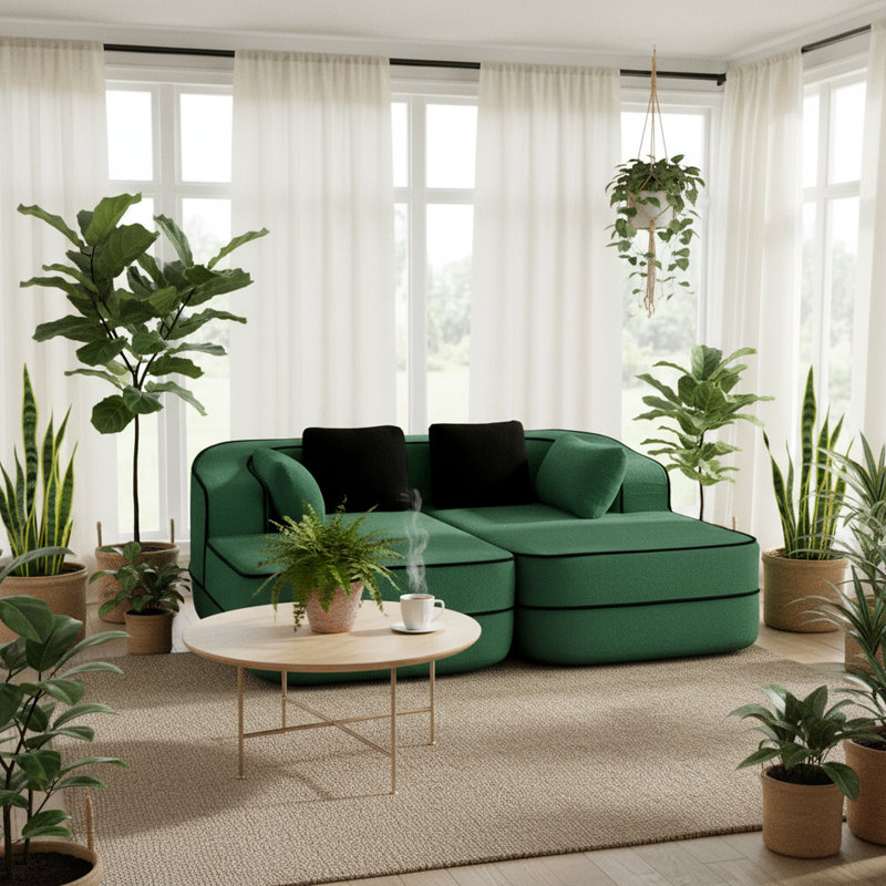 Canapé modulaire de réception 77 po avec chaises doubles, sans assemblage, siège en tissu pour hall d'entrée de bureau et espaces d'attente, vert