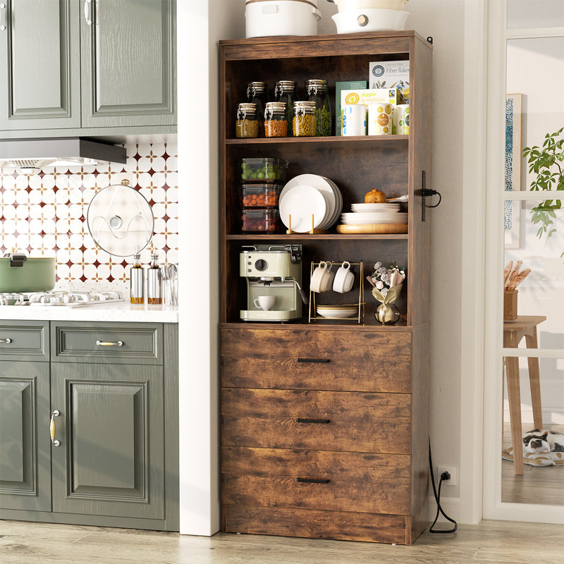 Garde-manger 71 po avec station de charge et 3 tiroirs, Bois rustique