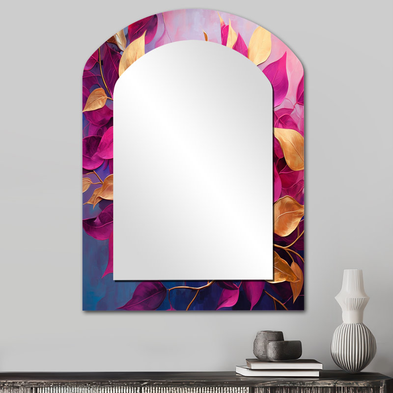 Feuilles dorées et roses, charme feuillage II - grand miroir asymétrique à feuilles, 34 po x 25 po