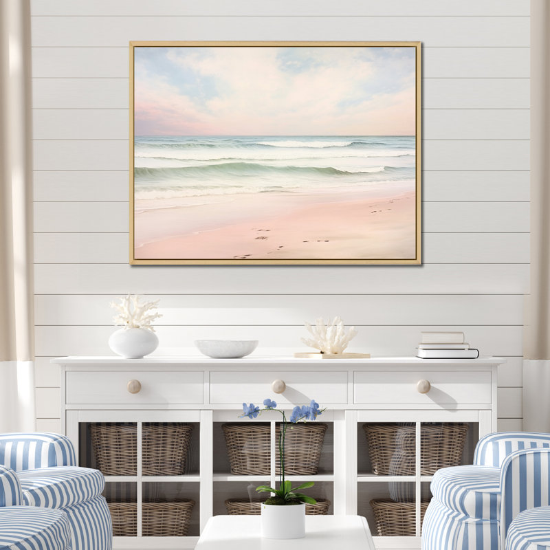 «Ocean Tranquility Tender Pink Pastel Sunrise I - Coastal Beach», art mural, Reproduction avec cadre flottant, Naturel