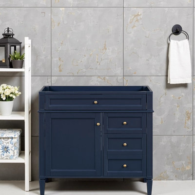 36 Inch Modern Bathroom Vanity Cabinet with 3 Drawers and Cabinet Door Organizer, Solid Wood Frame, Blue Finish (Sink Not Included)