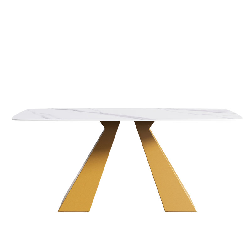 Table de salle à manger en pierre frittée blanche de 72,88 po, support en métal doré pour 6 à 8 places, égratignure, structure rectangulaire facile à nettoyer et à entretenir, supportant les fissures et les taches de décoloration