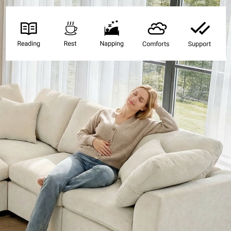 125" Modular Sectional Corner Sofa Large Chenille 7 Seater Deep Seat Couch With Cloud Ottoman & Pillows, Chenille beige