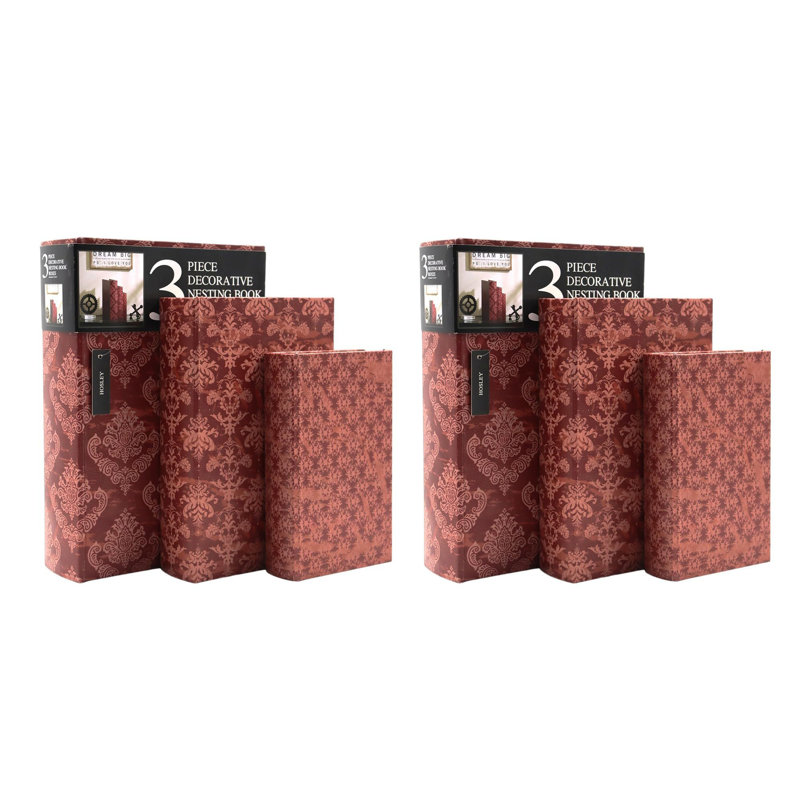 Hosley Farmhouse Memory Book Boxes Set of 3 Red Brown & Gold Storage Organizers in 12", 10", 8" Heights for Stylish and Functional Keepsake Storage