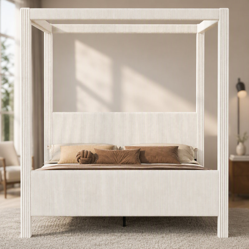 Lit plateforme à baldaquin avec tête et pied de lit, Beige
