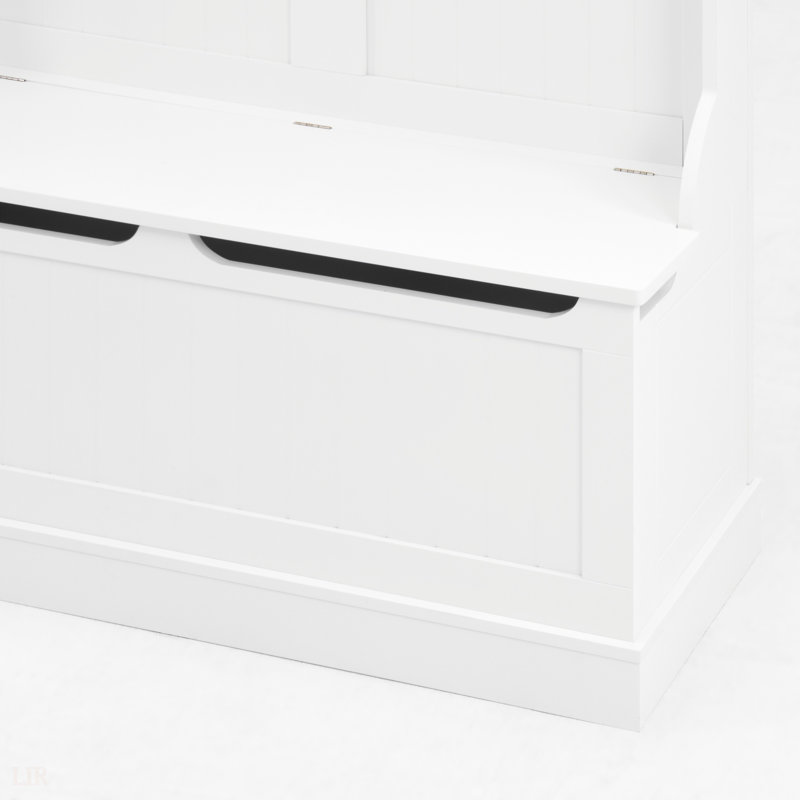 Banc de hall d'entrée avec porte-manteau sur pied et rangement pour chaussures, organisateur d'arbre d'entrée avec 5 crochets pour une utilisation efficace de l'espace, blanc