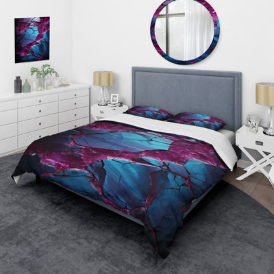 Ensemble de housse de couette bleu et mauve sans soudure Marble River III - formes modernes abstraites