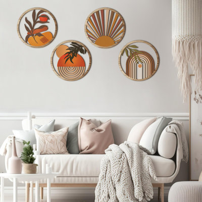 4 pièces Boho Wall Art bohémien rond en bois rond cercle décoration murale élégante.