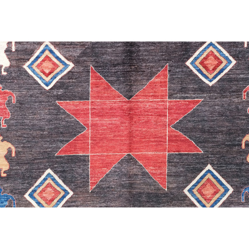 Tapis noir et rouge noué à la main de haute qualité