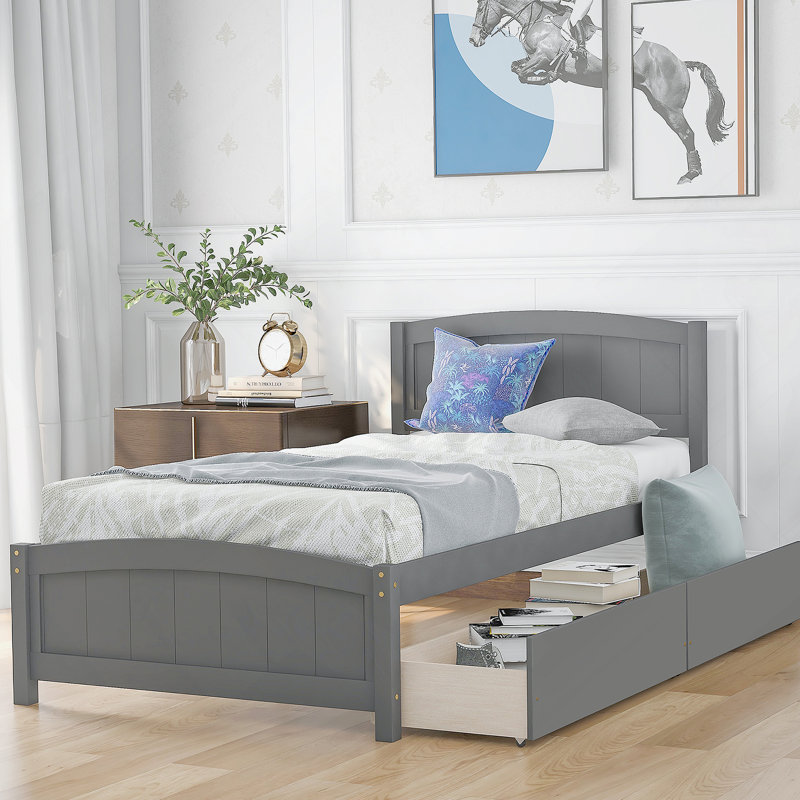 Lit plateforme avec deux tiroirs, Gris