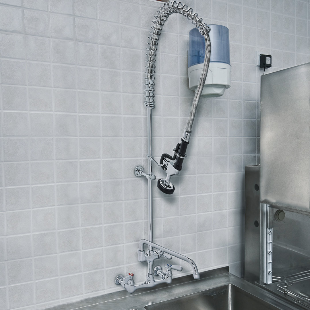 Wall Mount Pre-Rinse Faucet with Coiled Spring Pull Down Sprayer DuraSteel