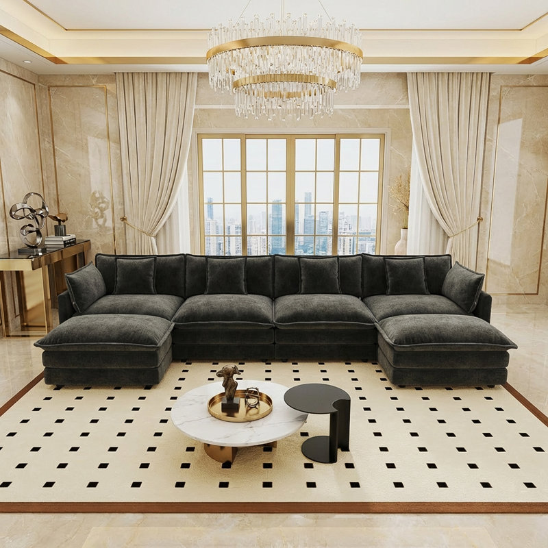 Canapé en U confortable avec méridienne réversible Hibbell, grand canapé modulaire en U modulaire, repose-pieds double supplémentaire