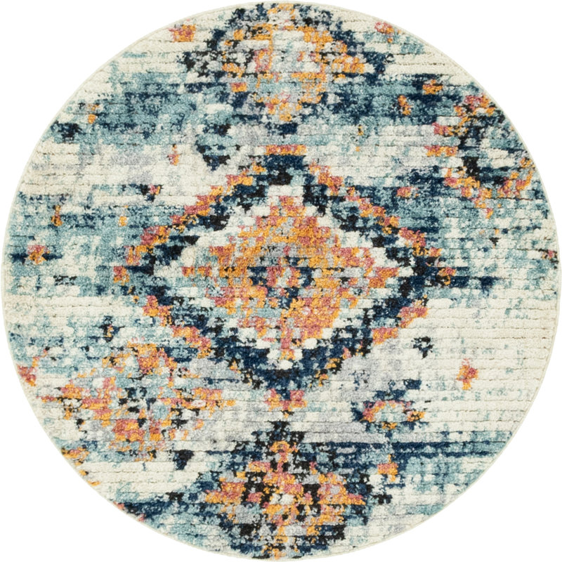 Tapis ivoire / bleu marine Clerge Southwestern, Rond 4 pi 1 po
