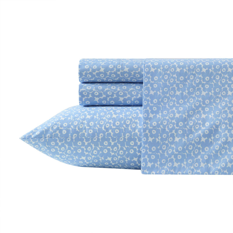 Marimekko Printed Cotton Percale Sheet Sets, King Sheet Set with 2 King Pillowcases, Pikkuinen Unikko Blue