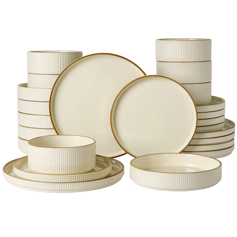 Azal Stoneware Dinnerware Sets, 24 Piece Dish Set, Vanilla White