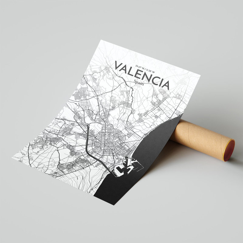 Valencia, carte de la ville, impression, H 17 po x l 11 po, Noir et blanc