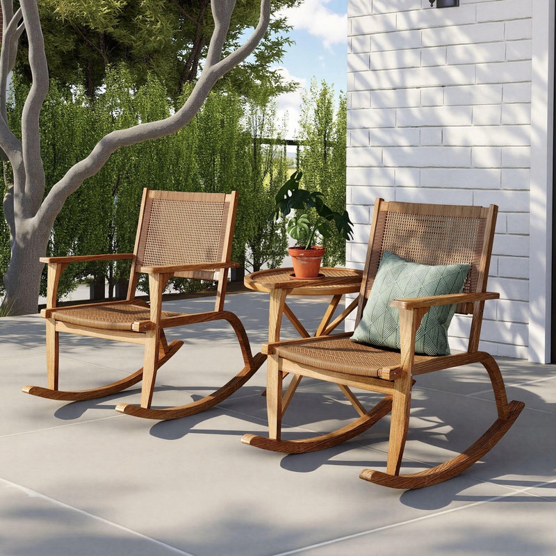 Outdoor Rocking Chair Set with Wicker Seat, Natural