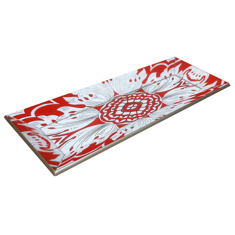 Plateau de miroir peint à la main avec bords biseautés, H 1,2 po x l 5,9 po x P 15,7 po, Rouge / argenté
