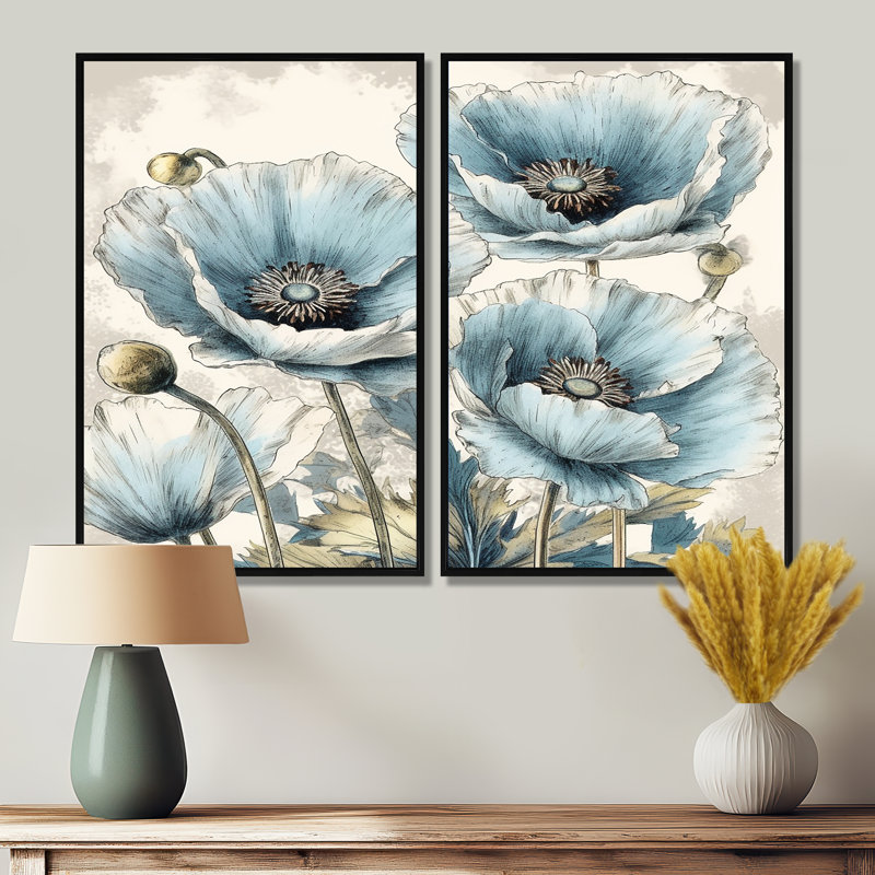 Vibrant bleu blanc pivoine I - art floral pivoines sur toile 2 panneaux, H 36 po x l 48 po, Noir