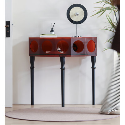 31.50" Red Half Moon Solid Wood;Acrylic Console Table