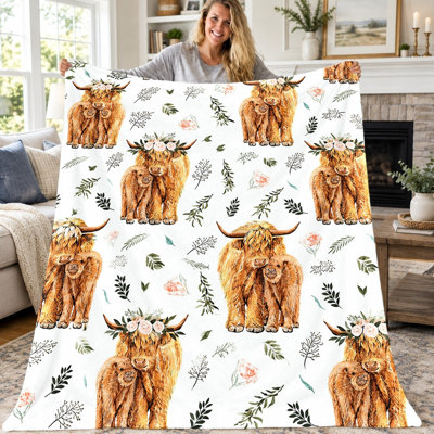 1pc Highland Cow Blanket, Cute Watercolor Cattle Flannel Throw, Soft Cozy Lightweight Warm Blanket for Sofa Couch Bed Living Room Dorm Office Travel, Home Decor All‑Season Blanket, Machine Washable, Holiday Gift