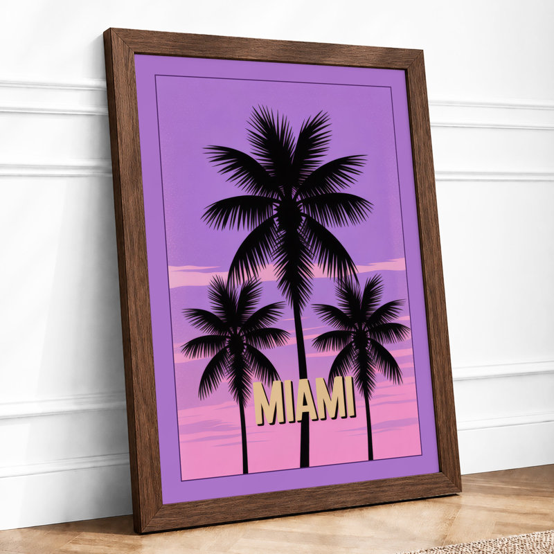 Miami Palms At Twilight Retro - Print, A4 - 29.7 x 21.0 cm, Walnut