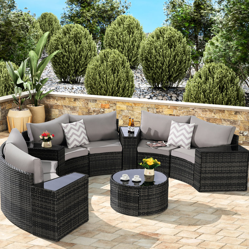 Half-Moon 11 Patio Furniture Assembly - Round With Tempered Glass Coffee Table , Washable Cushion Substances, Attribute Array Sectional Machine Contents, Character