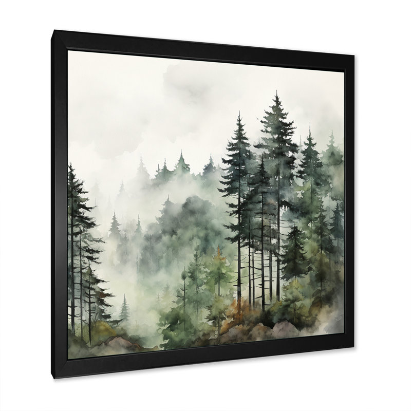«Forest Pine Tree Misty Morning I», reproduction d'art sur toile, forêt pin, H 30 po x l 30 po, Noir, Picture Framed