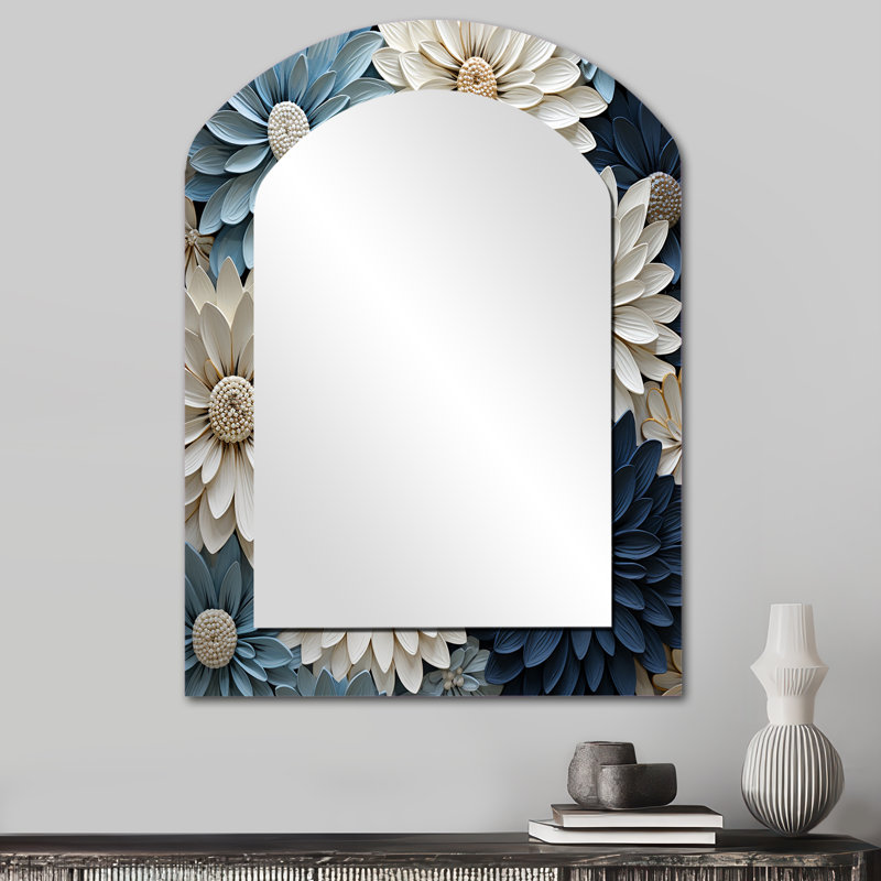 Blanc et bleu zinnias Bounty - miroir unique asymétrique Zinnias, grand miroir mural arqué blanc, impression d'art en métal