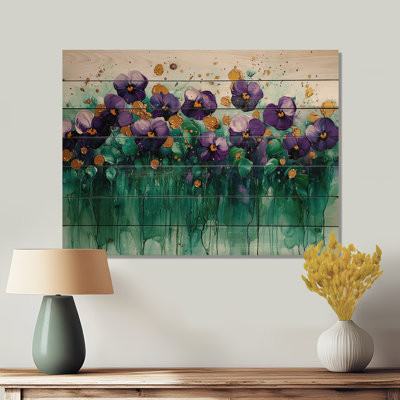 Lavender Pansies On Emerald Ink I - Pansies Wood Wall Art - On Natural Pine Wood