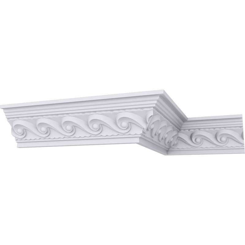 Endurathane Marseille French Scroll Crown Moulding, 2 5/8"H x 2 3/8"P x 3 5/8"F x 94 1/2"L, (2" Repeat), Factory Primed