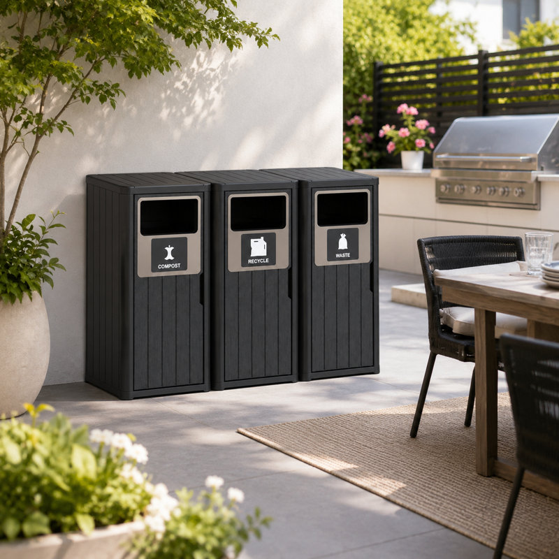 Outdoor Three Barrel Trash Can with Garbage Labels