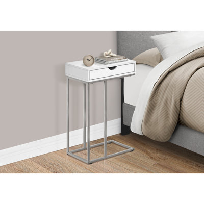 Table d'appoint, en forme de C, bout, côté, collation, tiroir de rangement, salon, chambre à coucher, stratifié blanc, métal gris, contemporain, moderne